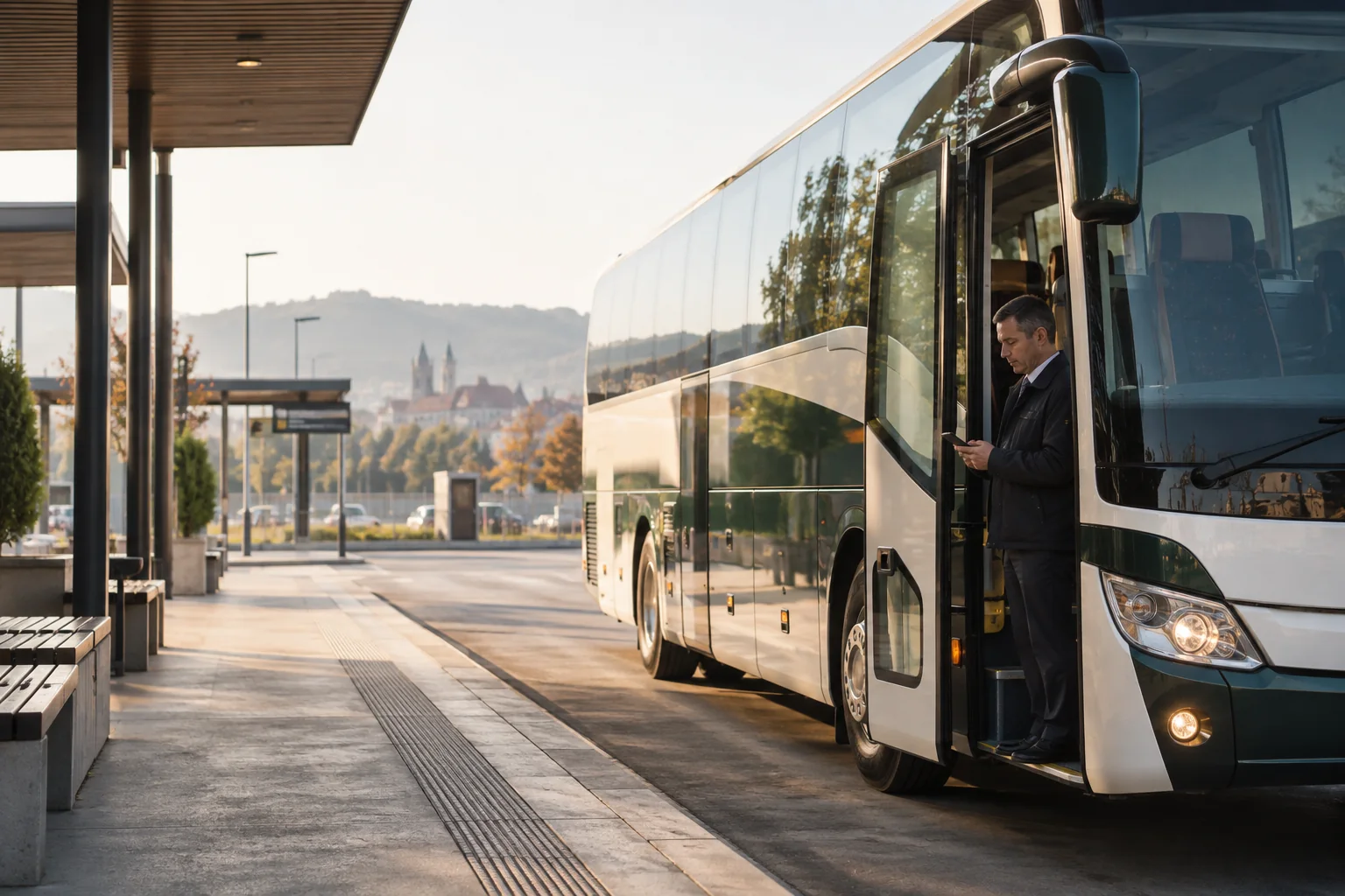 Transport operator beside a bus